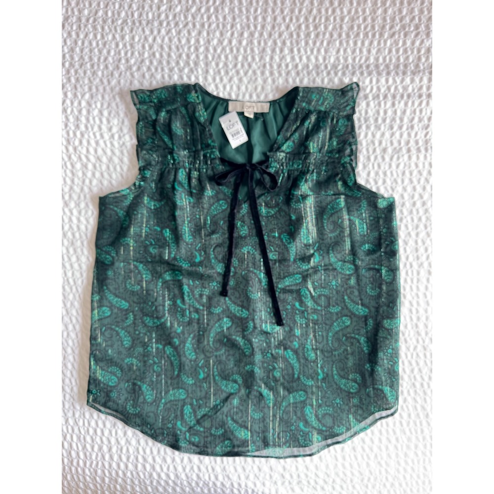 LOFT NWT Green Metallic Paisley Velvet Tie Holiday Party Blouse S
